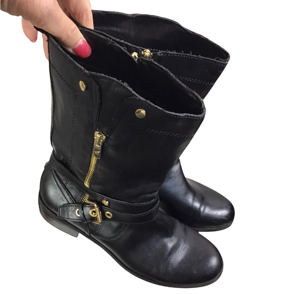 Marc Fisher Dolca Black Leather Decorative Zip & Buckle Moto Boots Size 8 1/2 - Picture 11 of 12